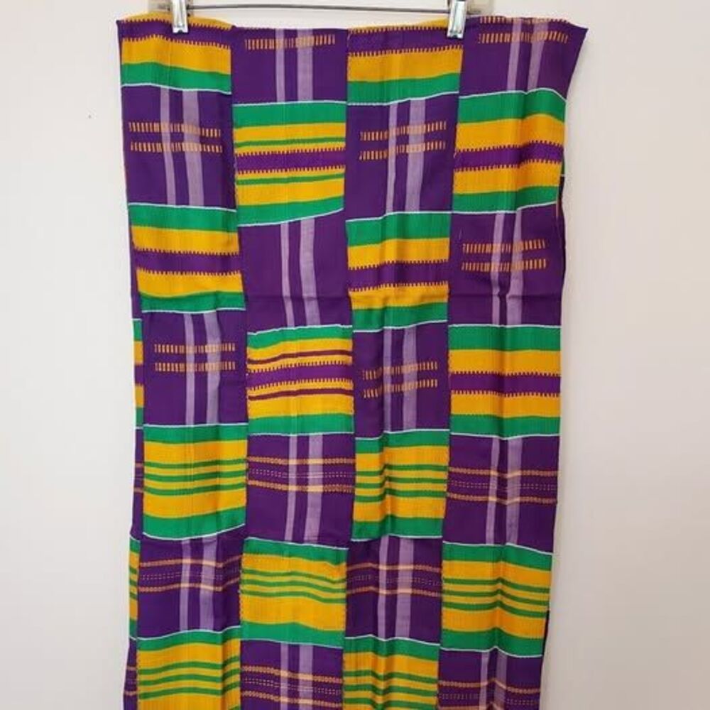 Kente Cloth Hand Woven Ghana Africa Purple Yellow Green 62 x 38 inches NEW